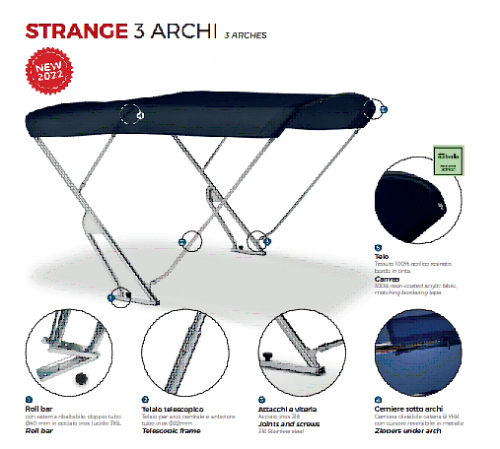 Bimini mit Geräteträger "Strange". Breite 170cm